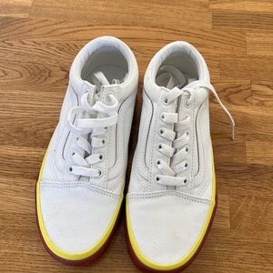 Vans white sneakers with yellow and orange sole. Lightly worn